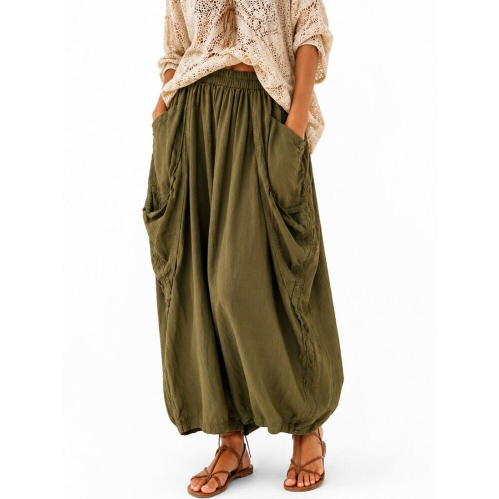 Thaluta 100% Cotton Boho Balloon Pocket Maxi Skirt Olive Green One Size